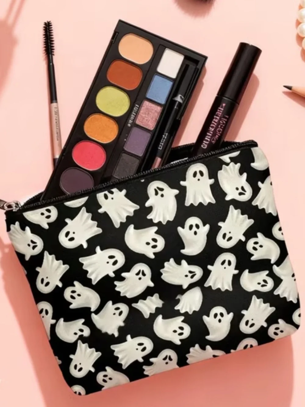 Ghost Halloween Themed Print Cosmetic Pouch in Black & White